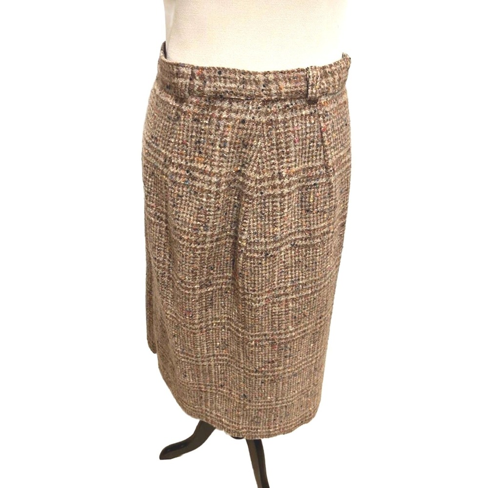 70's Vintage Brown Tweed Glen Plaid Pencil Skirt Multi Color Confetti Fleck Midi